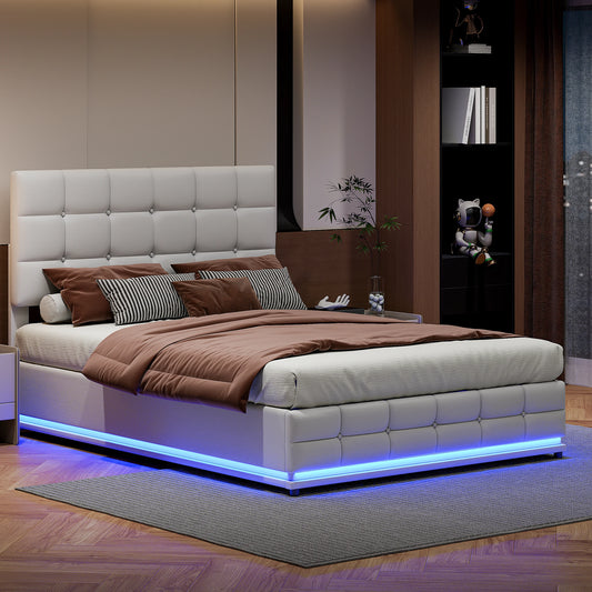 Rosahqnda gepolstertes Doppelbett 140 x 200 cm, LED-Beleuchtung, Doppelbett mit Stauraum, Kinderbett, Jugendbett, weißes PU-Leder