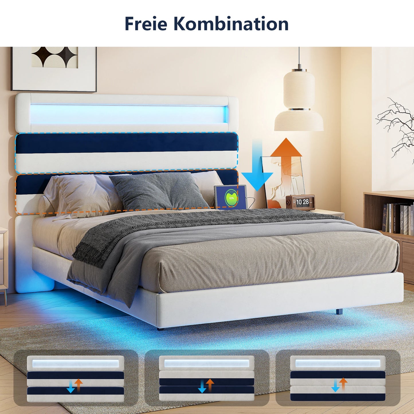 Anajqaqia 140 x 190 cm gepolstertes Bett, Doppelbett mit USB-Ladeanschluss, Kopfteil und Unterbett mit Lichtleiste, Samt