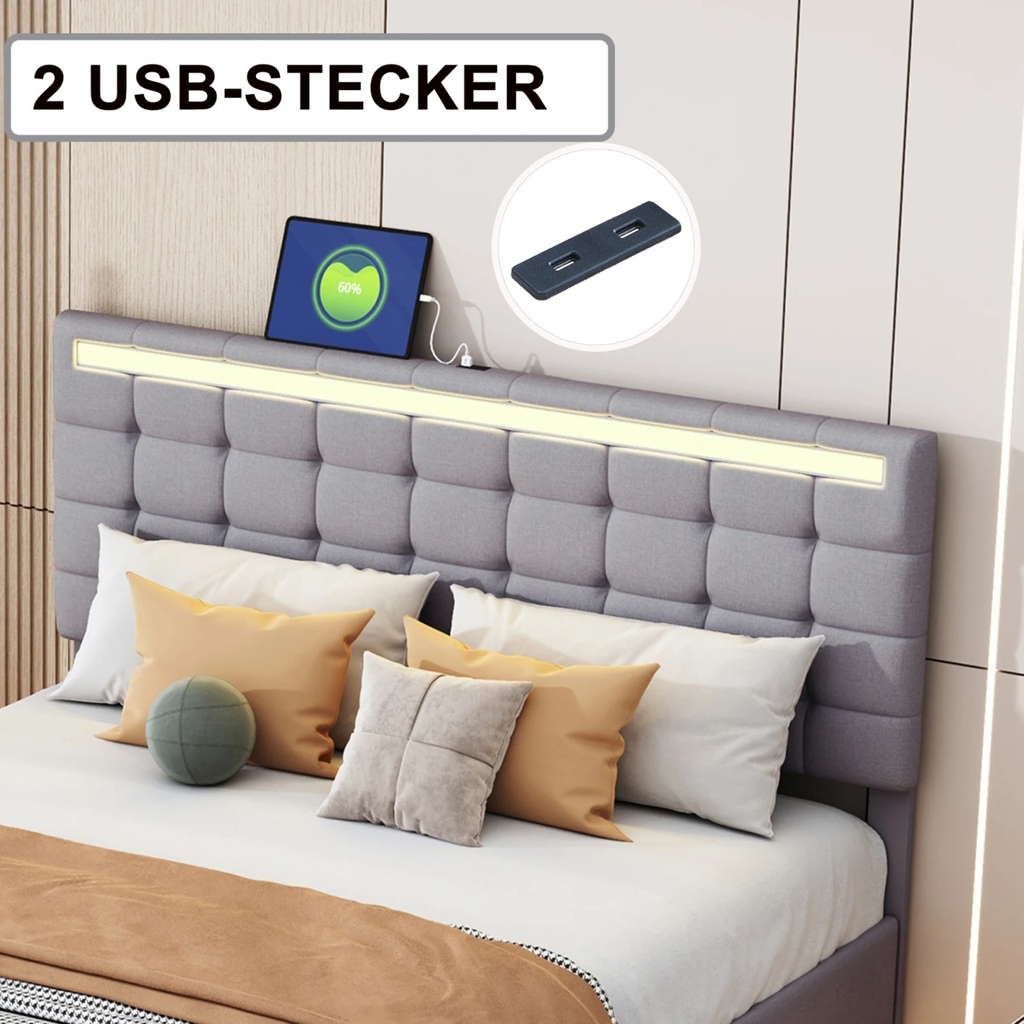 Rosahqnda Polsterbett 140/160x200cm, Doppelbett mit LED, 2 USB, schwebender Bettrahmen, Holzlattenrost, graues Leinen