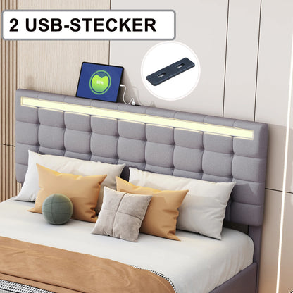 Rosahqnda Polsterbett 140/160x200cm, Doppelbett mit LED, 2 USB, schwebender Bettrahmen, Holzlattenrost, graues Leinen