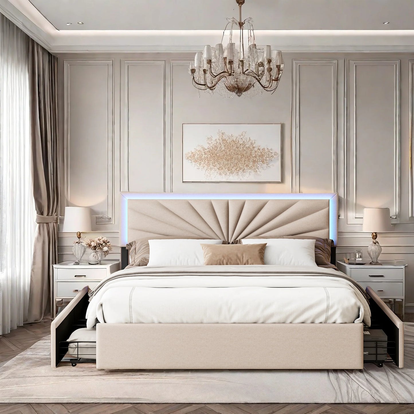 ROSAHQNDA Gepolstertes Doppelbett 140/160 x 200 cm, LED-Aufbewahrungsbett mit Schubladen, mit Kopfteil und Lattenrost, ohne Matratze