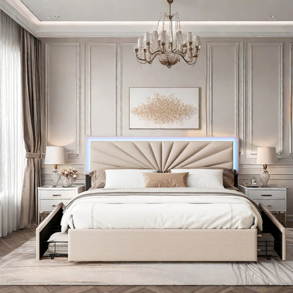 ROSAHQNDA Gepolstertes Doppelbett 140/160 x 200 cm, LED-Aufbewahrungsbett mit Schubladen, mit Kopfteil und Lattenrost, ohne Matratze