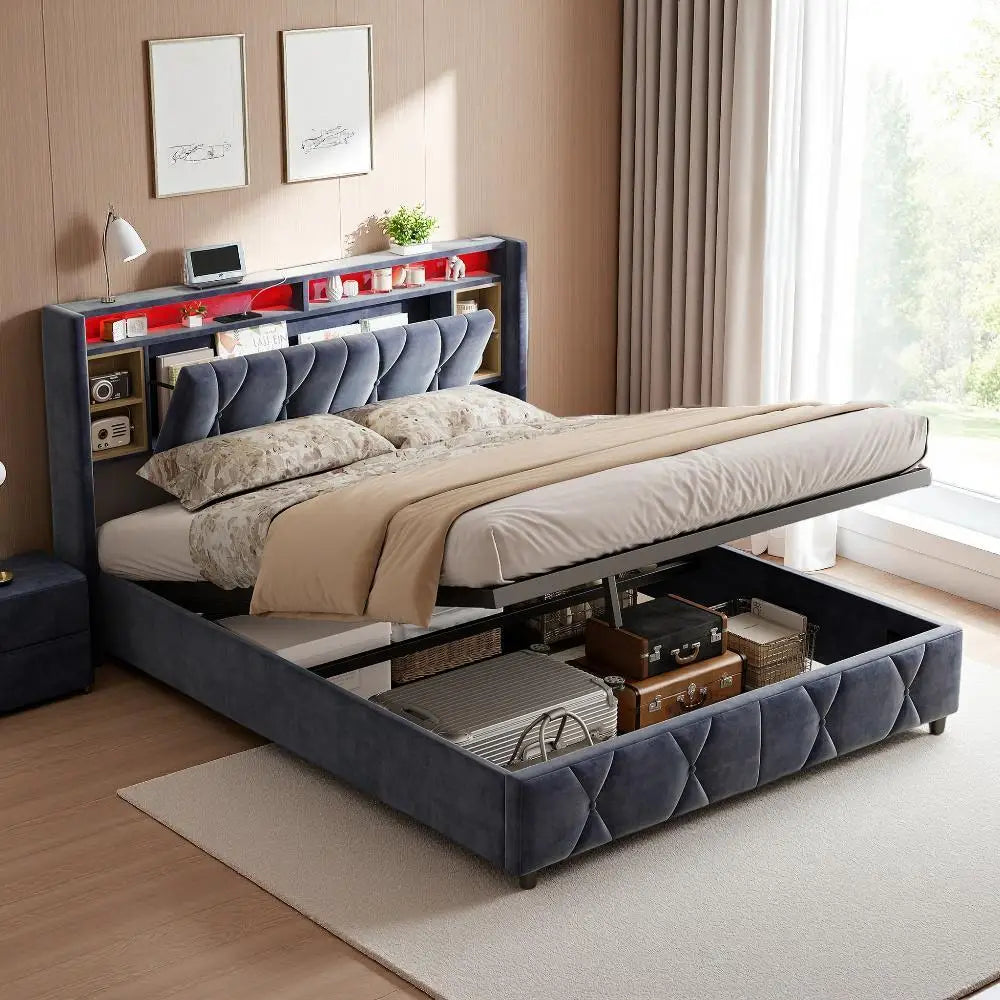 Rosahqnda Doppelbett， mit USB und LED, Polsterbett mit Stauraum und Kopfteil, Bettrahmen mit Holzlattenrost, Samt，grau