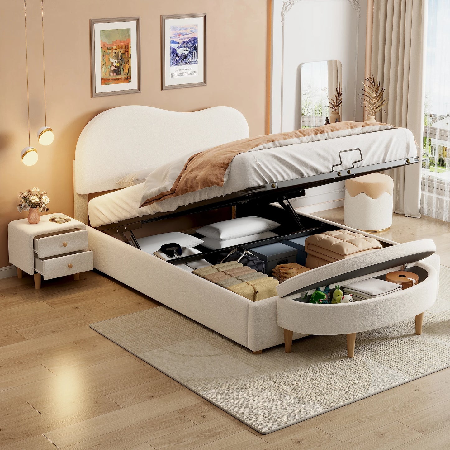 Rosahqnda Komplettschlafzimmer Set,Polsterbett + Bettbänke ,Hydraulisch Doppelbett, Verstellbares Kopfteil