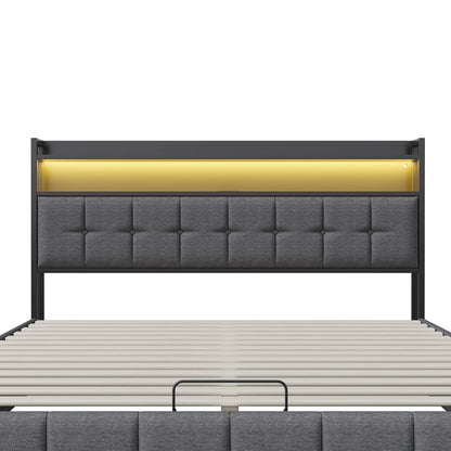 Rosahqnda Multifunctional Double Bed,Rechargeable,LED and Hydraulic Storage,Teen Bed,140/160 x 200 cm,Linen/PU,Grey,Black.