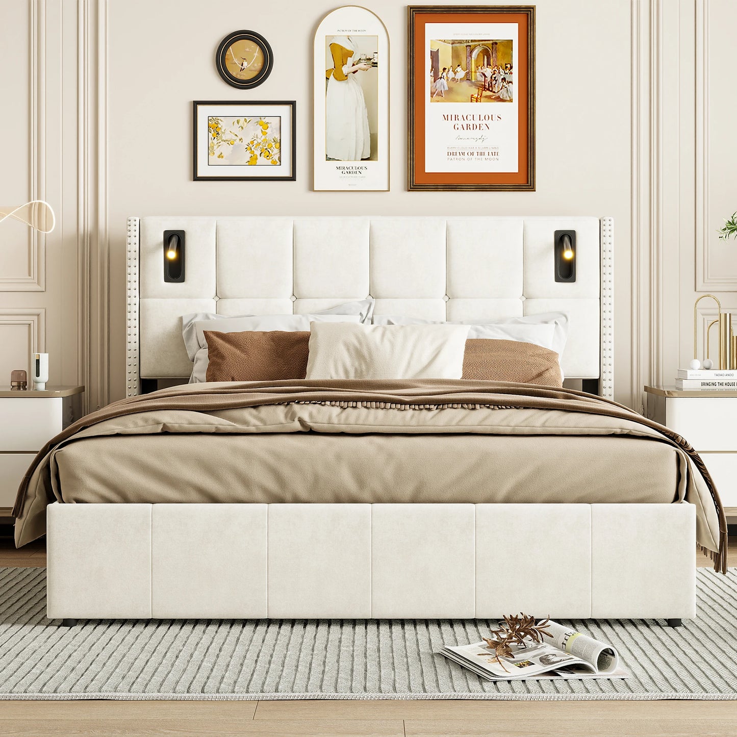 Rosahqnda Polsterbett 160x200 cm mit Stauraum,Kopfteil mit LED-Leselicht,Kupfernieten Modernes Bettgestell,Grauer Samtstoff