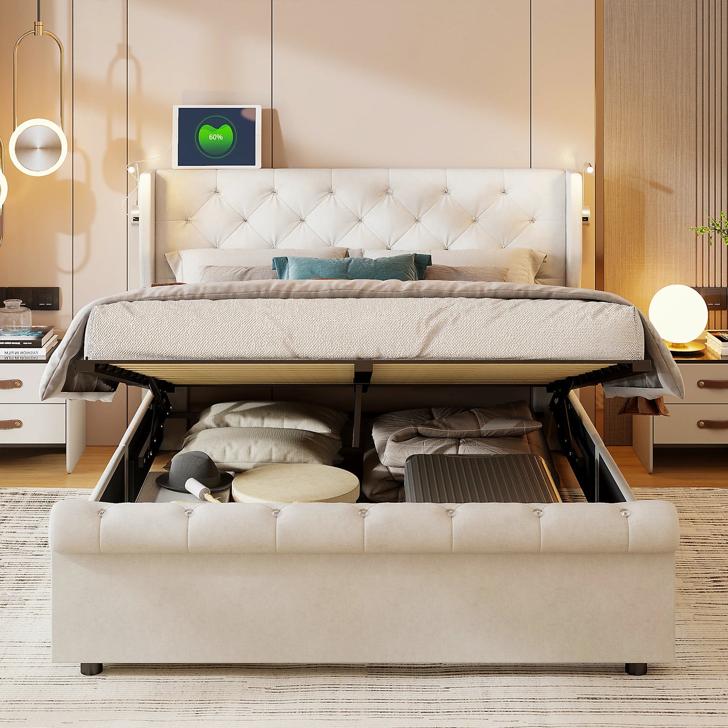 Rosahqnda Modernes Polsterbett, Doppelbett 140/160 x 200 cm, Boxspringbett, hydraulisches Bett mit viel Stauraum, ohne Matratze