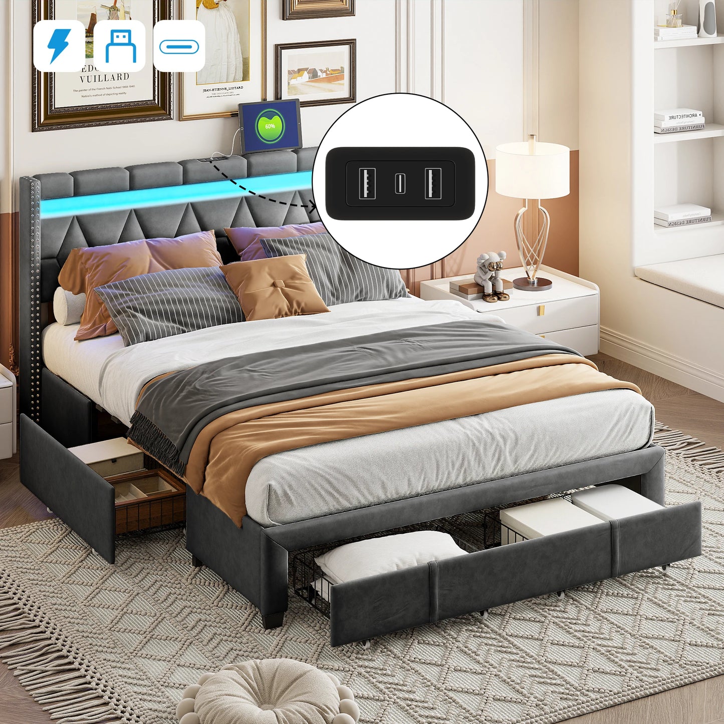 Comanlai Upholstered Bed,160 x 200 cm,with LED Headboard and USB,with 4 Storage Drawers, without Mattress, Linen Grey