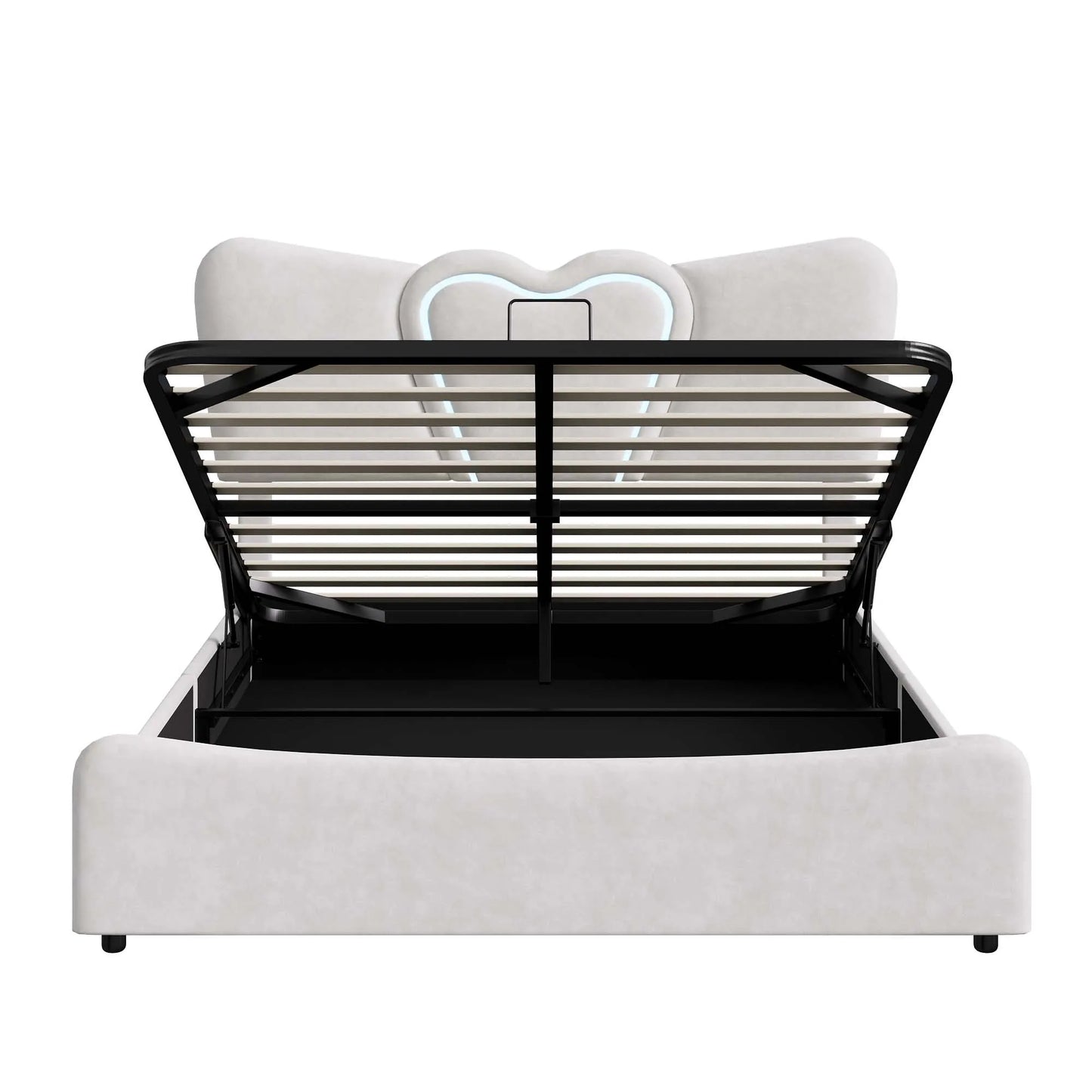 Doppelbett 140x200, LED Stauraumbett mit Lattenrost, Hydraulisch Polsterbett aus Kopfteil Höhenverstellbar, Herzform Kopfteil