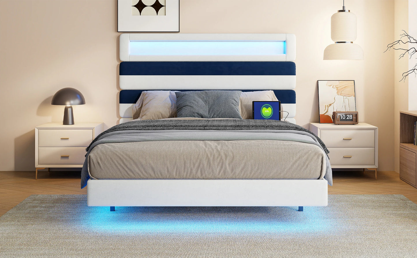 Rosahqnda Schwebebett 140*190cm Doppelbett Rahmen 160*200cm mit LED&USB Polsterbett Erwachsenenwohnung Jugendbett Samt