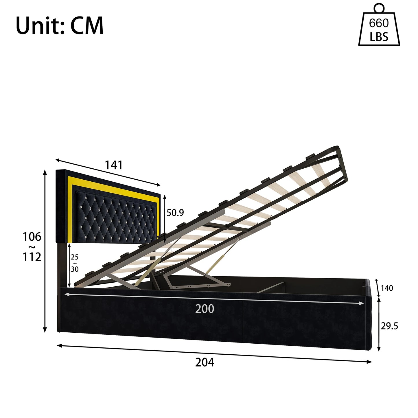 Rosahqnda Doppelbettgestell 140–160–180 x 200 cm, verstellbares LED-Kopfteil, hydraulisches Bett mit Stauraum, gepolstertes Jugendbett, Samt