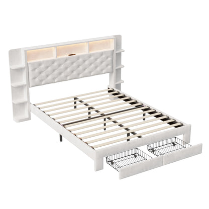 UrbanLuxe Polsterbett 140x200 cm mit LED-Streifen und USB-Ladeanschluss, Stauraumschubladen, Lattenrost, weißer Samt