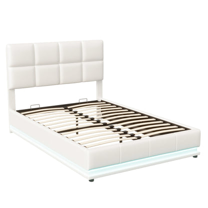 Rosahqnda Hydraulischer Doppelbettrahmen 140*190cm mit LED, Verstellbares Kopfteil, Stauraumbett 140*200cm, Polsterbett, PU