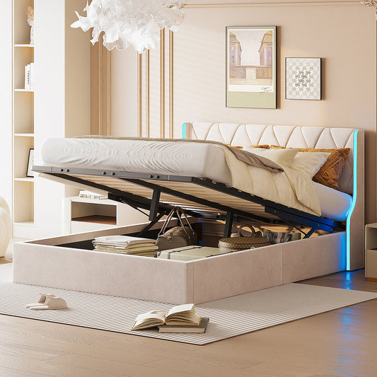 Polsterbett Doppelbett 140x200 cm, Bett mit Stauraum und Lattenrost, Bett mit LED, Stauraumbett mit Bettkasten und Kopfteil