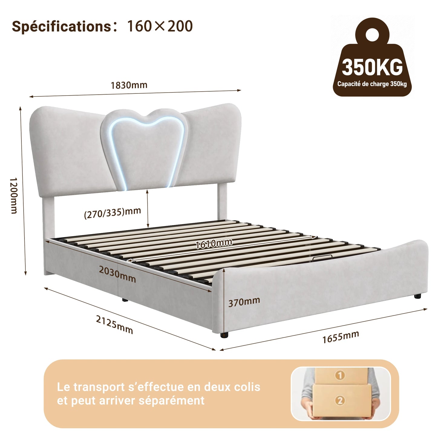 Doppelbett 140x200, LED Stauraumbett mit Lattenrost, Hydraulisch Polsterbett aus Kopfteil Höhenverstellbar, Herzform Kopfteil