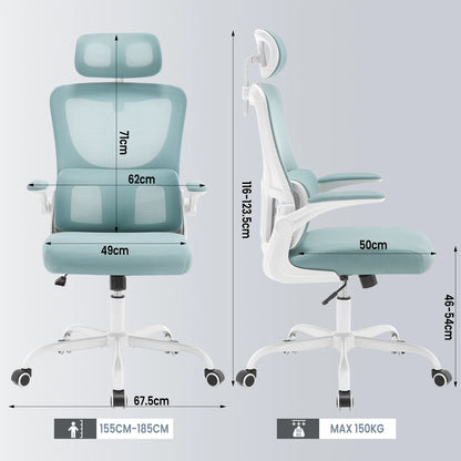 WOLTU Drehbarer Bürostuhl, ergonomischer Netz-Schreibtisch, Computerstuhl, höhenverstellbar, Schaukelfunktion, umkehrbare Armlehnen, Kopfstütze