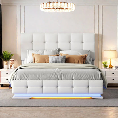 ROSAHQNDA 140x200 cm Polsterbett, PU-Lederbett mit LED- und USB-Anschlüssen, hydraulisches Boxbett, Kunstleder, ohne Matratze