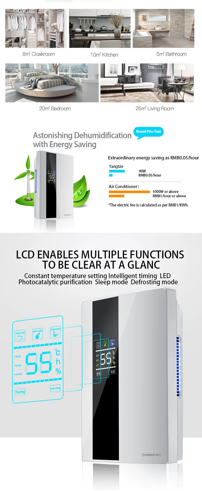 Dehumidifier and Air Purifier 2 in 1 Moisture Absorber Household Mute Bedroom Basement Remote Control Timing External Water Pipe.