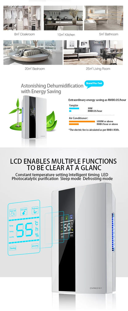 Dehumidifier and Air Purifier 2 in 1 Moisture Absorber Household Mute Bedroom Basement Remote Control Timing External Water Pipe.