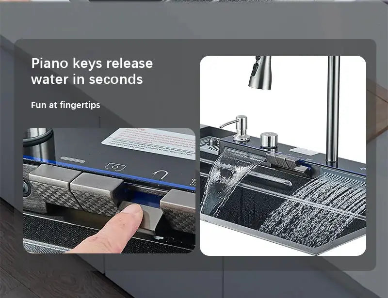 Wasserfall-Küchenspüle aus Edelstahl 304, großes Einzelschlitz-Wasserhahn-Set mit integrierter Digitalanzeige, Seifenspender, Tassenwascher