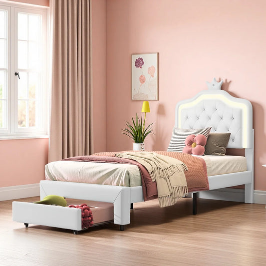 Kinderbett Polsterbett 90x200cm, Bett für Mädchen mit Schublade,Kronenförmiges Prinzessinnenbett mit LED-Lichtleisten,Weiß,PU