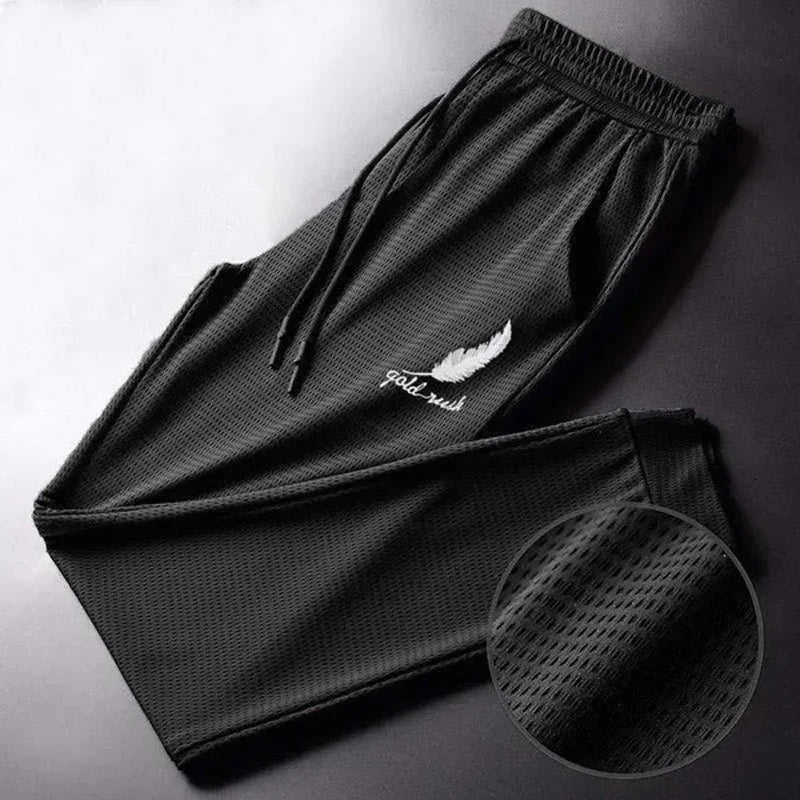 Men's Hollow Out Ice Silk Pants Mesh Breathable Casual Thin Quick Dry Pant Loose Elastic Beam Feet Pants Sports Fitness Trousers.
