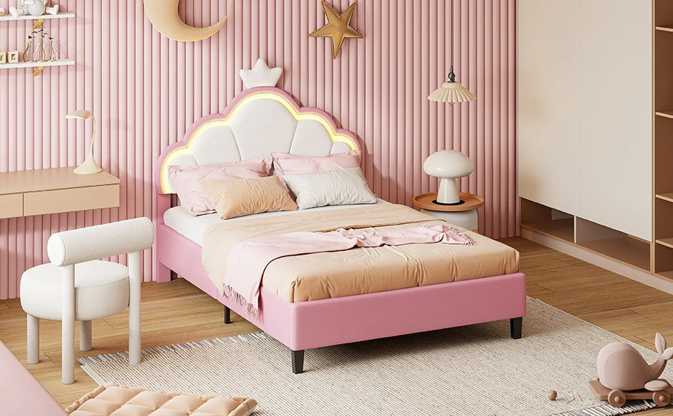 Rosahqnda Kinderbett, Gepolstertes Einzelbett, LED-Beleuchtung, Prinzessinnen-Mädchenbett mit Kronenblüten-Kopfteil, Lattenrost