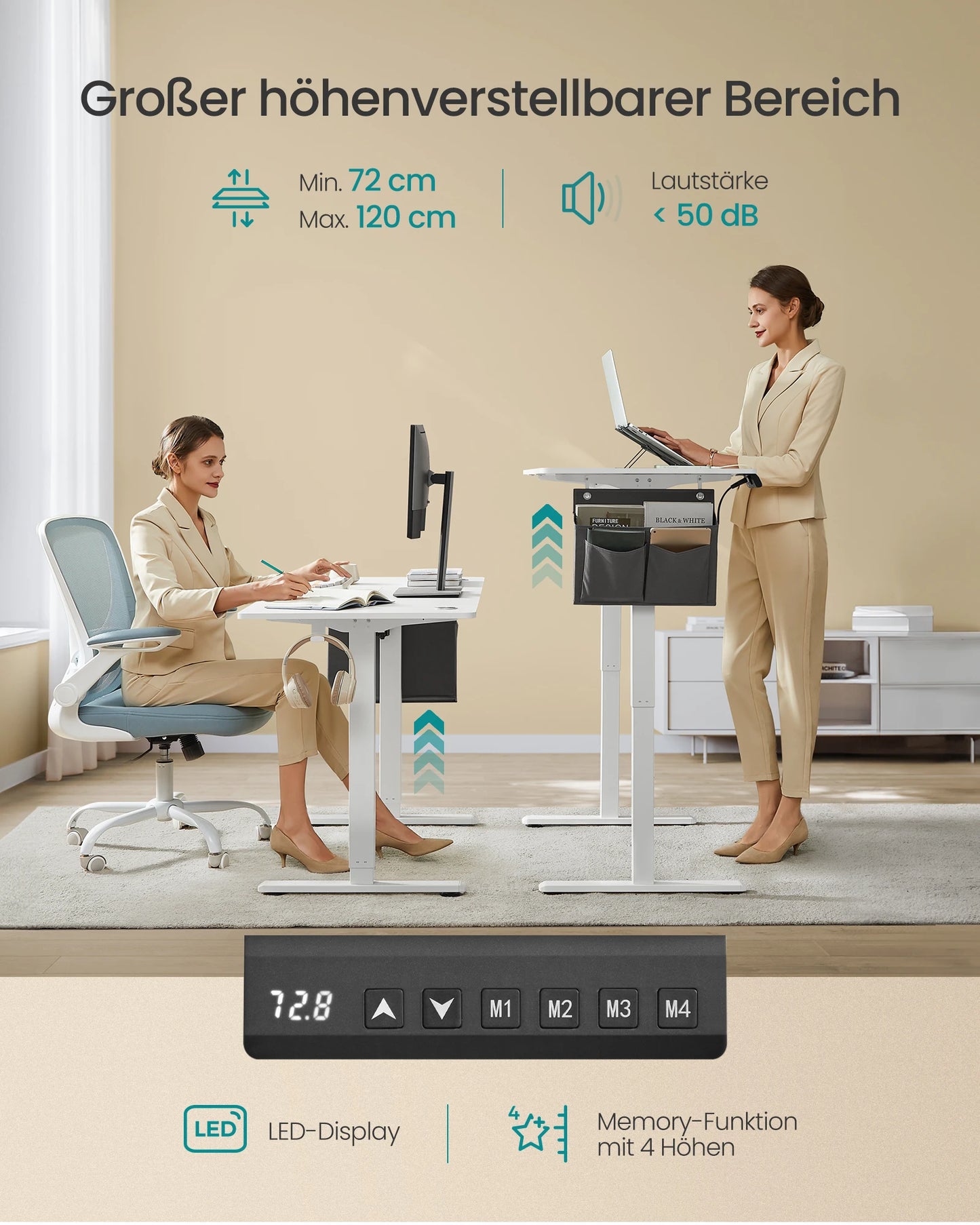 SONGMICS Höhenverstellbarer Schreibtisch elektrisch, 70 x 160 x (72-120) cm, Verstellbarer Tisch, Memory-Funktion für 4 Höhen