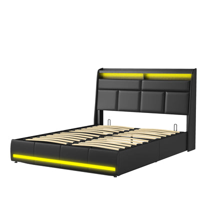 Rosahqnda Doppel-Jugendbettgestell 140–160 x 200 cm mit hydraulischem LED- und USB-Aufbewahrungsbett, Einzelbett, Gäste-/Master-Schlafzimmer, PU, weiß/schwarz