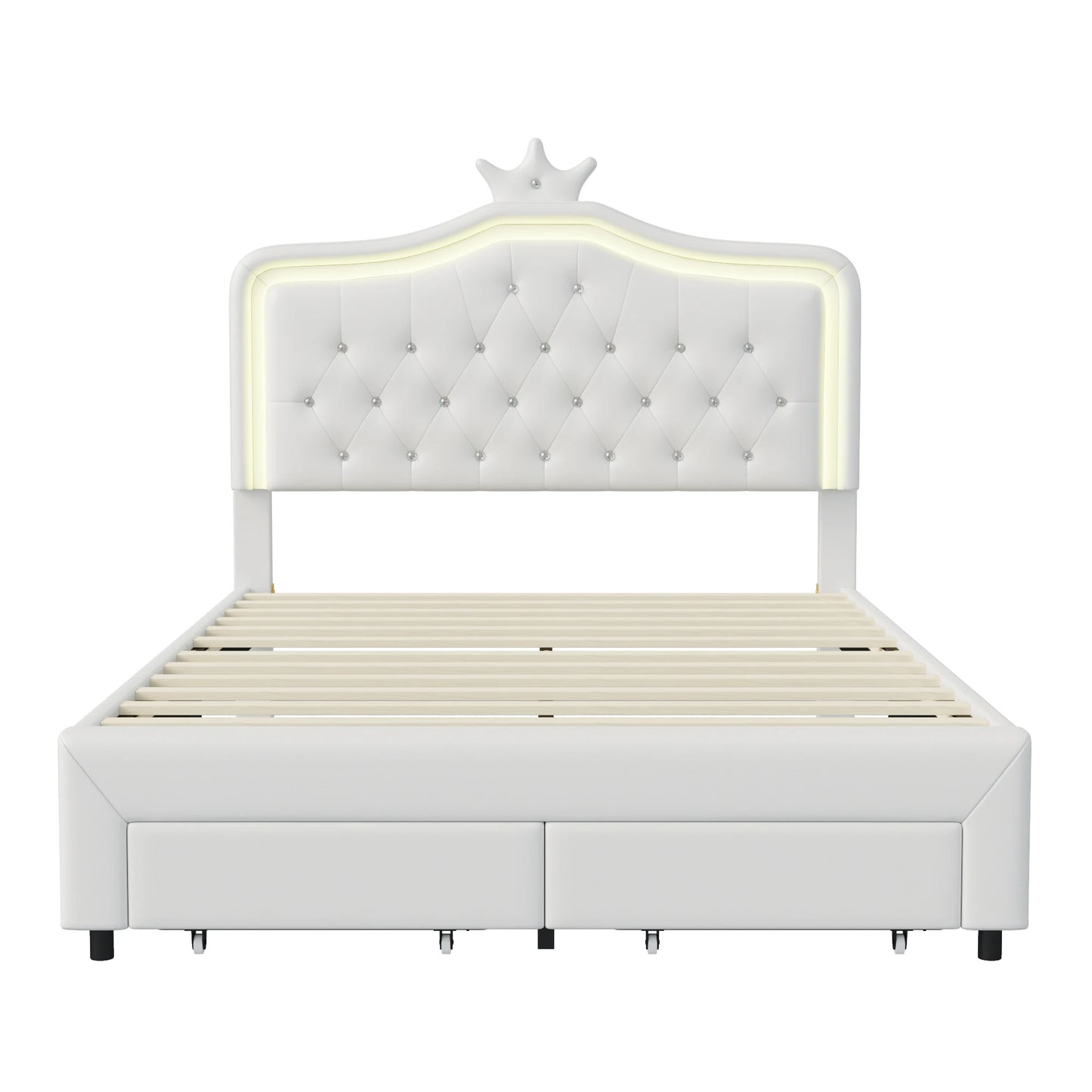 Rosahqnda Kinderbett Kronenform 90/140 x 200 cm, LED und Schubladen, höhenverstellbares Kopfteil, PU, Rosa/Weiß