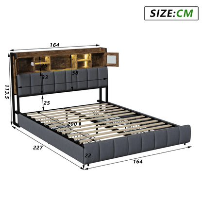 WoodenAura Polsterbett 140x200cm, Doppelbett mit 4 Schubladen, LED Kopfteil mit USB Ladefunktion, Rückenlehne Bett mit Stauraum