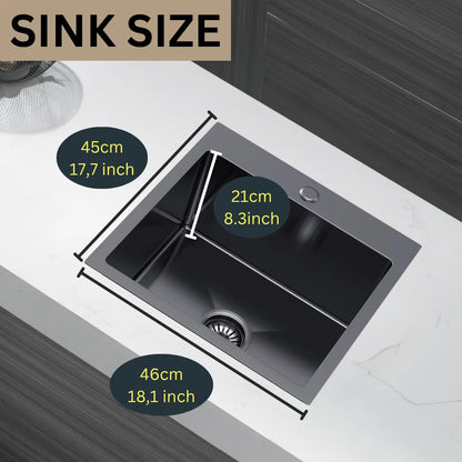 Graphitschwarzes Edelstahlspülbecken 46 x 45 cm – Einzelschüssel-Topmount – mit Abflusssatz, Überlauf und Zubehör