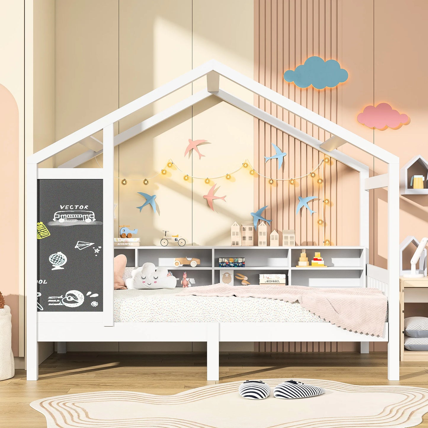 Roshanda Kinderbett, 90 x 200 cm, Hausbett, Einzelbett, mit Tafel/Bücherregal/Schublade, Kiefer, Weiß