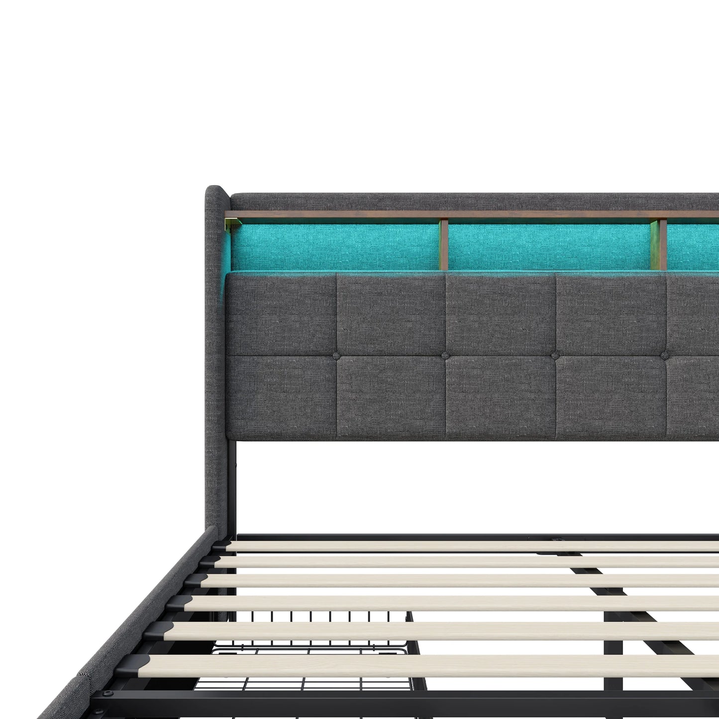 Double Bed,Upholstered Bed with LED and USB Charging Port,4 Drawers and Storage Backrest for Adults or Teen Bedrooms,Beige/Grey