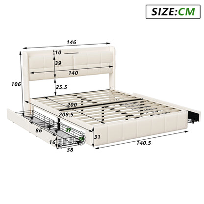 WoodenAura Doppeltes Polsterbett 140x200CM mit 4 Schubladen für die Lagerung, Rückenlehne mit Lagerung und Lattenrost, PU-Leder