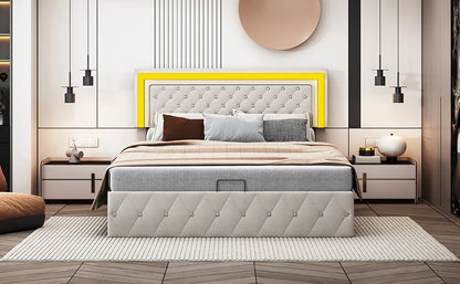 Rosahqnda Doppelbettgestell 140–160–180 x 200 cm, verstellbares LED-Kopfteil, hydraulisches Bett mit Stauraum, gepolstertes Jugendbett, Samt