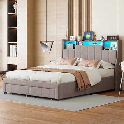 Upholstered Bed 160 x 200 cm, Bed Frame with LED Lights, USB Ports and Storage Headboard, Double Bed, Guest Bed, Teenager's Bed