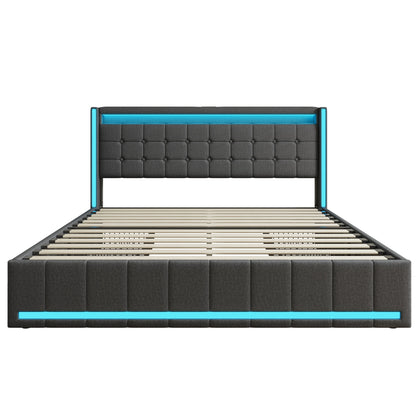 Polsterbett 140x200 cm,LED Doppelbett mit 4 Schubladen und Lattenrost,Kopfteil mit stauraum und USB-Ladefunktion,Bettgestell