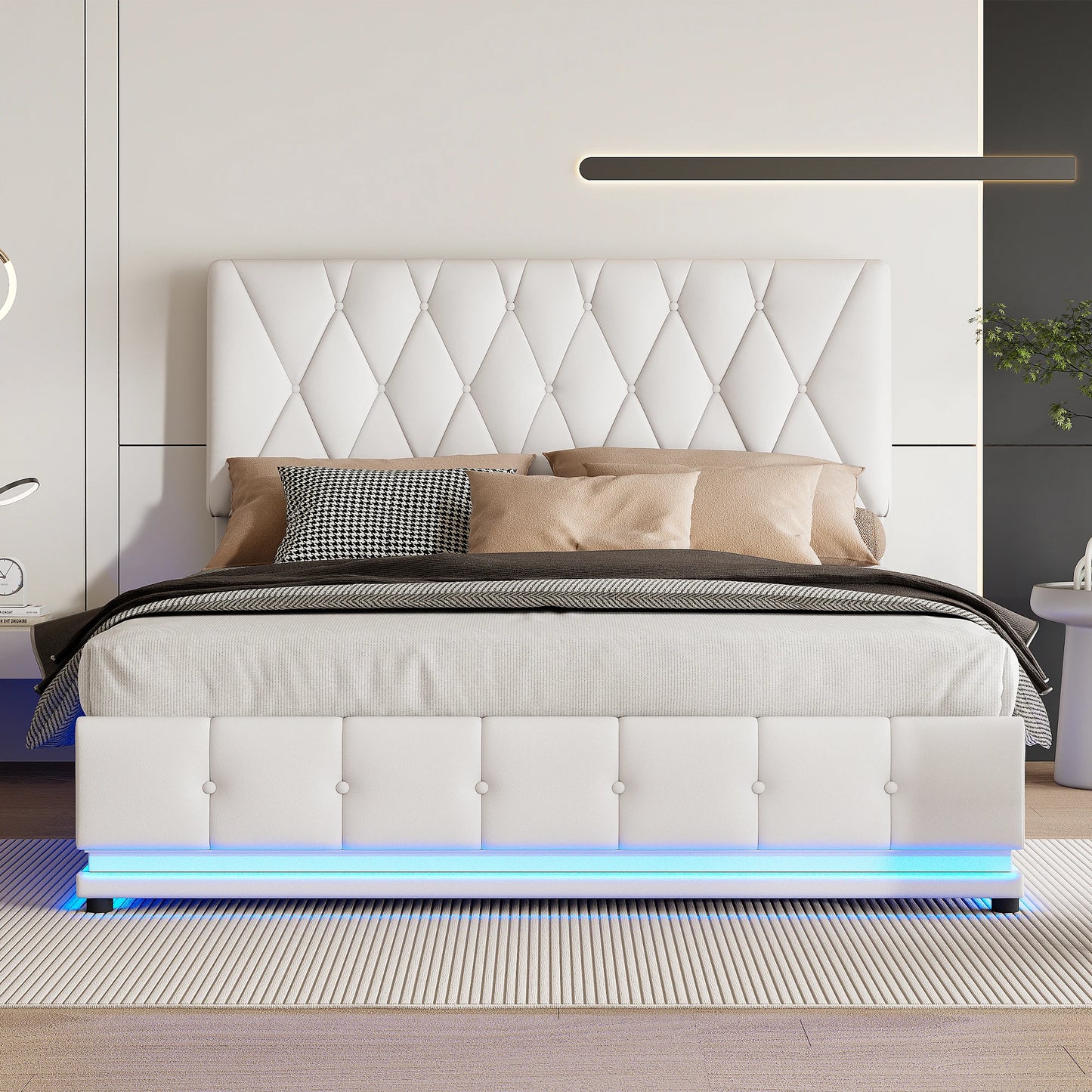 Rosahqnda gepolstertes Doppelbett 140 x 200 cm, LED-Beleuchtung, Doppelbett mit Stauraum, Kinderbett, Jugendbett, weißes PU-Leder