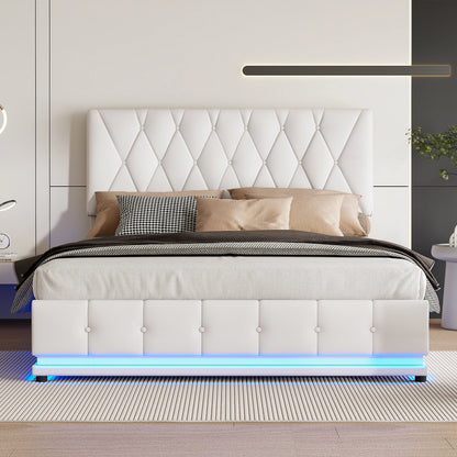 Rosahqnda gepolstertes Doppelbett 140 x 200 cm, LED-Beleuchtung, Doppelbett mit Stauraum, Kinderbett, Jugendbett, weißes PU-Leder