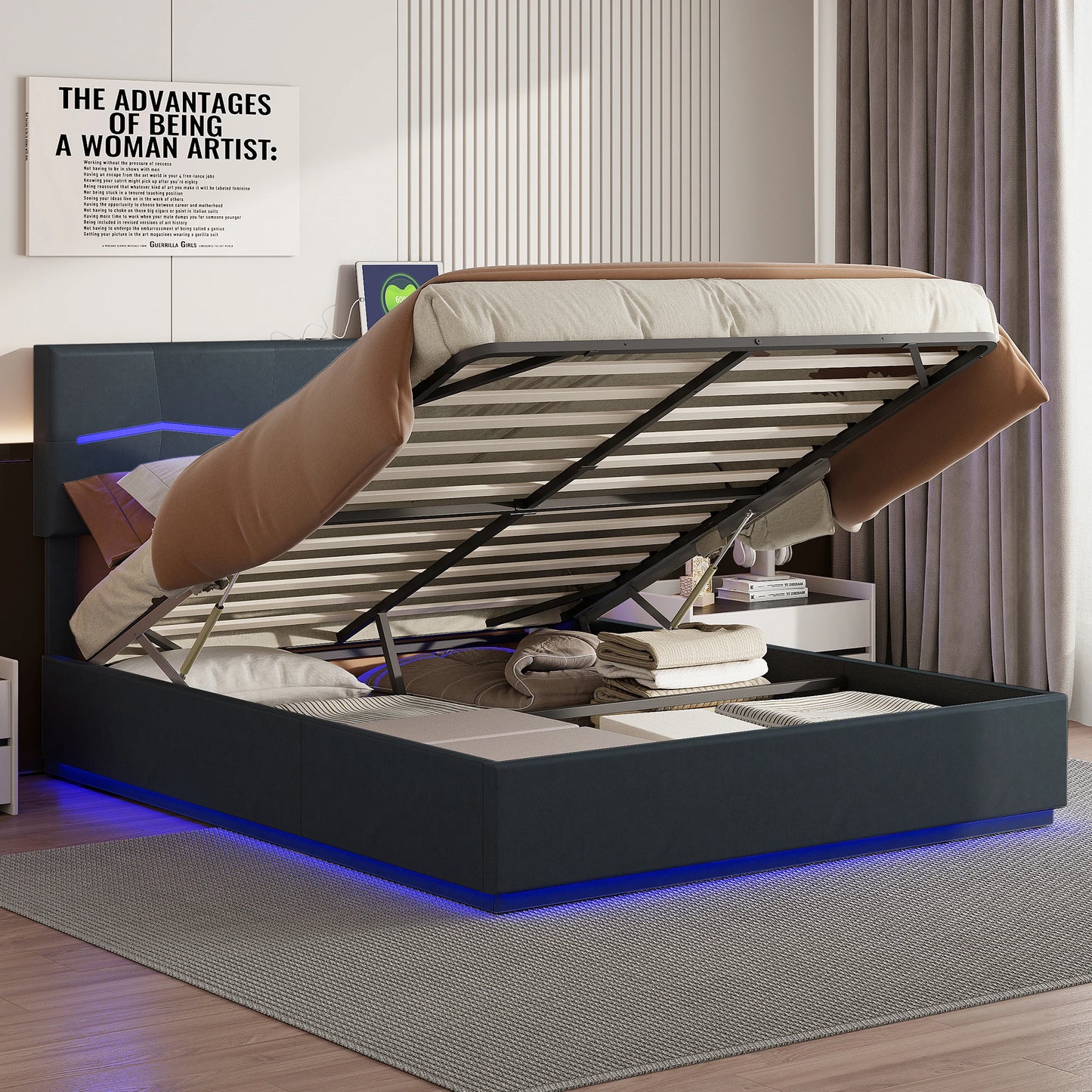 Polsterbett Doppelbett 140x200cm Jugendbett mit Verstellbares Kopfteil, Bett mit Beleuchtung, Stauraumbett mit Hydraulisch, PU