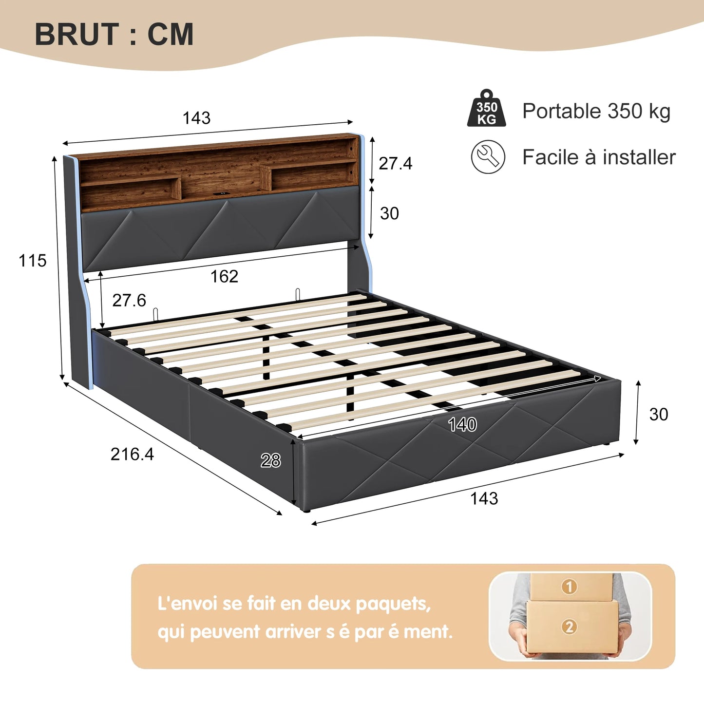 Doppelbett hydraulisches LED-Bett, Kofferraumbett 140/160 x 200cm, Polsterbett Mit Stauraum Polsterbett mit LED und USB, Jugendbett LED-Bettgestell für 2 Personen, Pu-Stoff