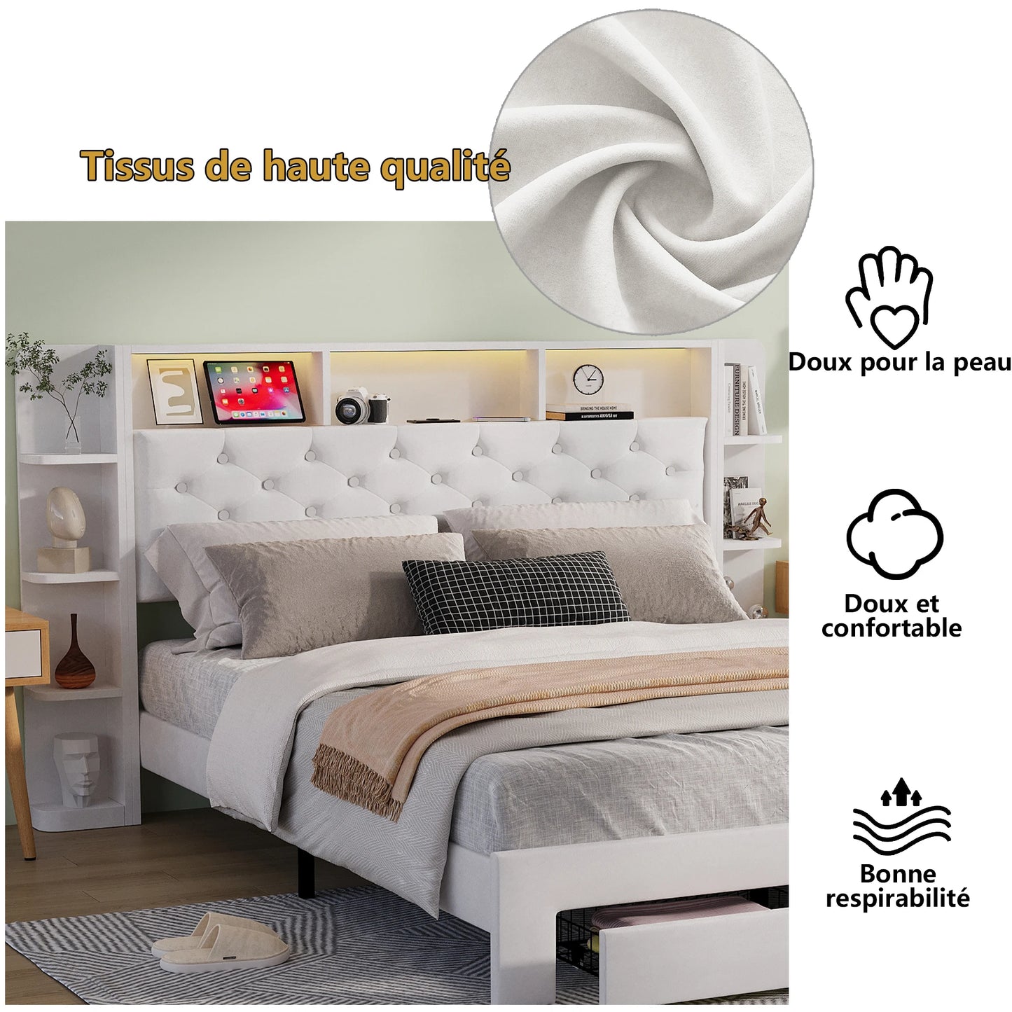 UrbanLuxe Polsterbett 140x200 cm mit LED-Streifen und USB-Ladeanschluss, Stauraumschubladen, Lattenrost, weißer Samt