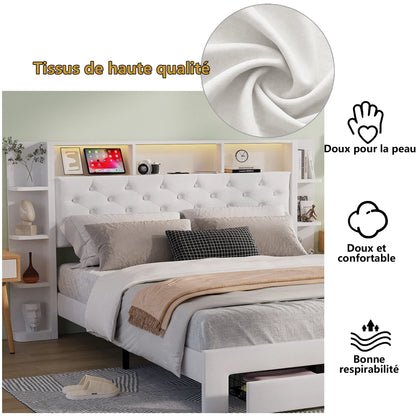 UrbanLuxe Polsterbett 140x200 cm mit LED-Streifen und USB-Ladeanschluss, Stauraumschubladen, Lattenrost, weißer Samt
