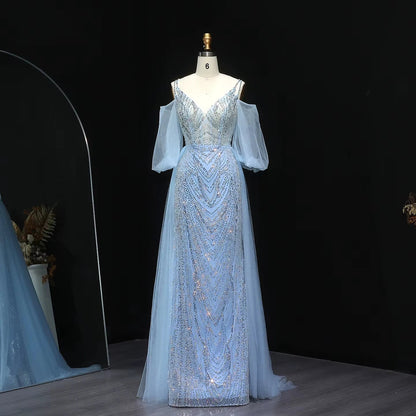 Jancember LSZ053 Elegant V-neck Sequins Mermaid Evening Dresses with Flowing Sleeve.