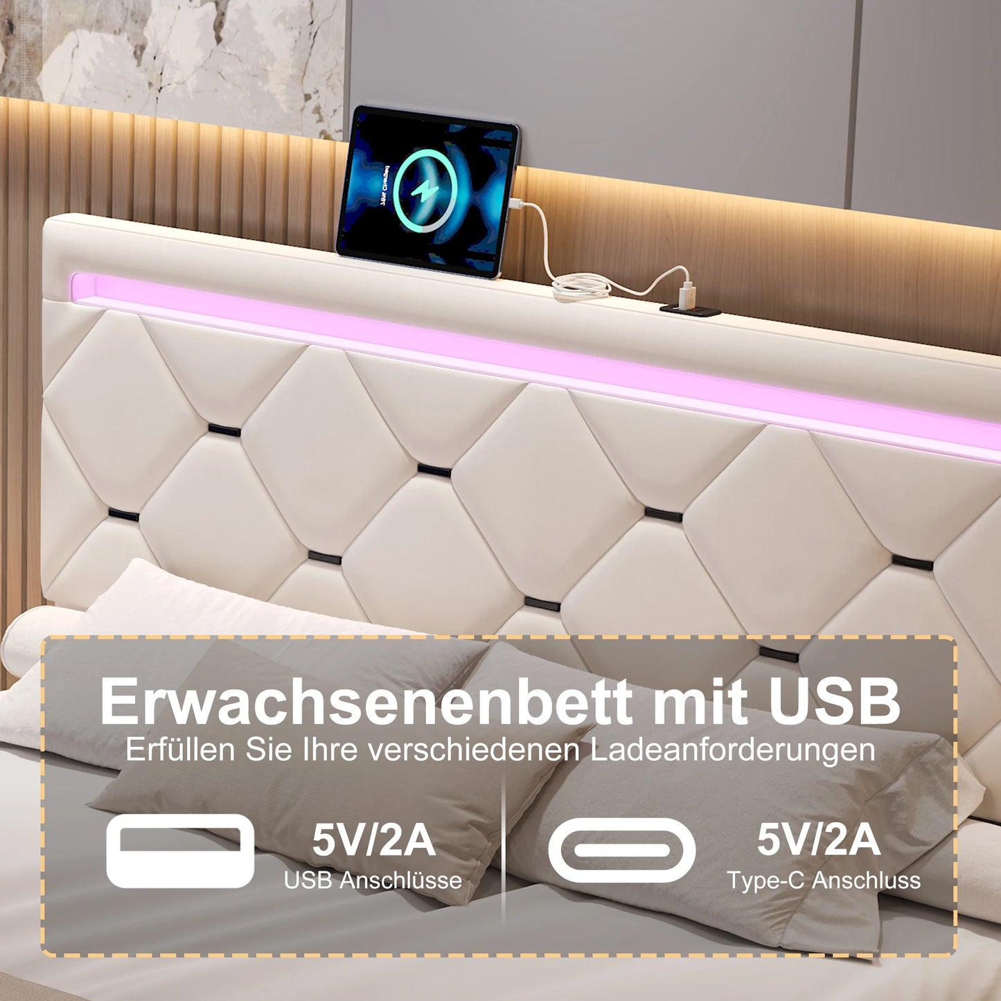 Comanlai 160 x 200 cm Polsterbett, mit USB-Ladefunktion und LED-Kopfteil und 4 Schubladen, ohne Matratze, Samt, gebrochenes Weiß