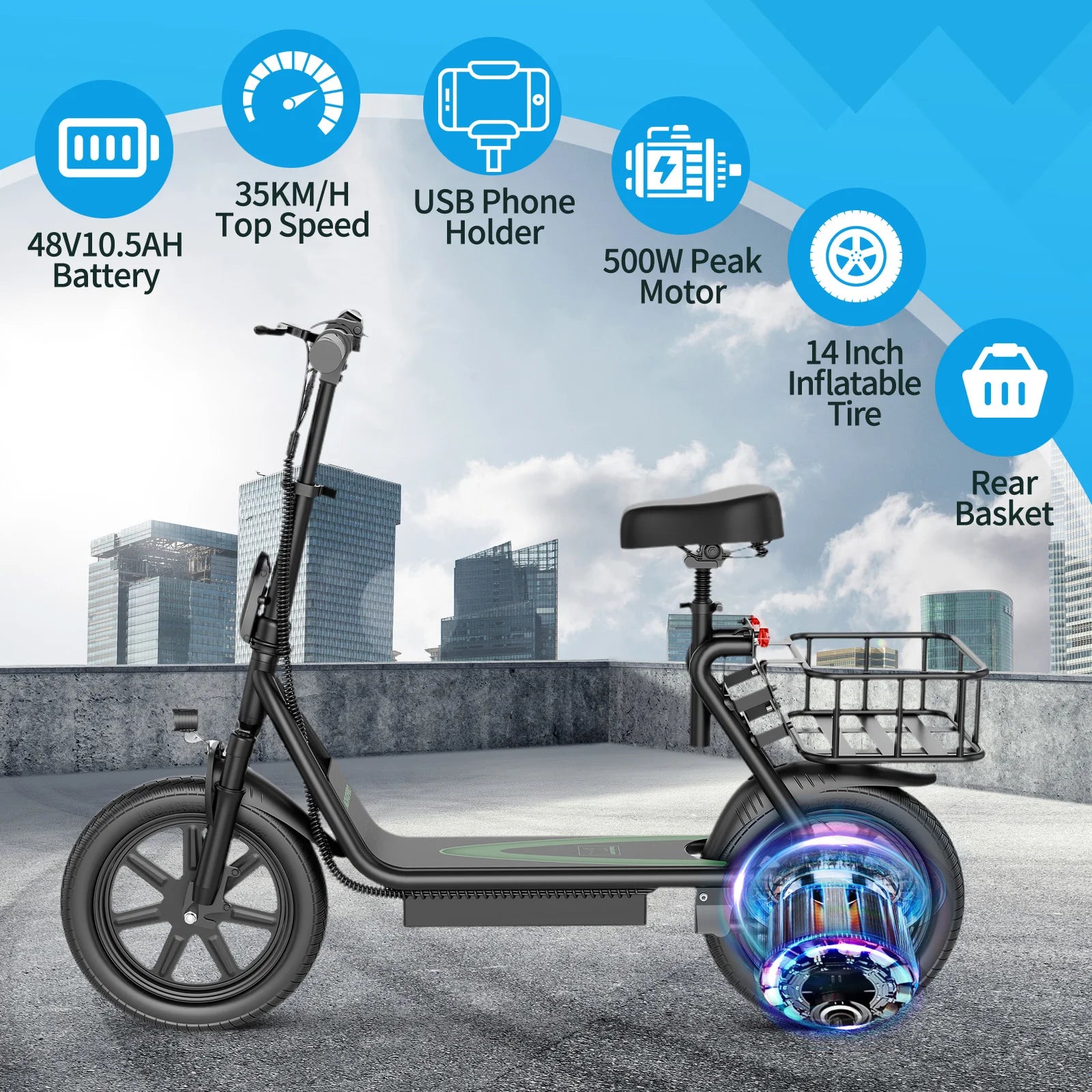 JUICEASE 500W Electric Scooter 10.4/22.5AH Battery Phone Holder Powerful Escooter 45-100KM Max Range Smart Electric Kick Scooter.