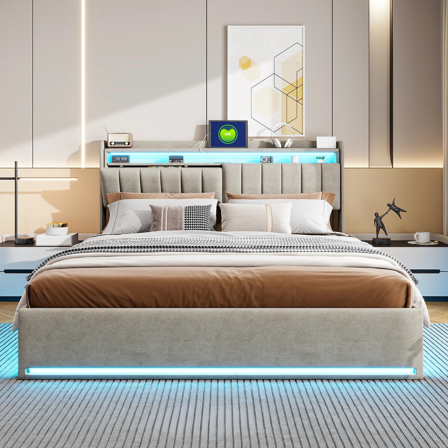 Rosahqnda Doppelbett,Kopfteil mit LED-Beleuchtung,USB-Anschlüssen und Ablagefach,Stauraumbett,Gästebett,Jugendbett,Samtstoff