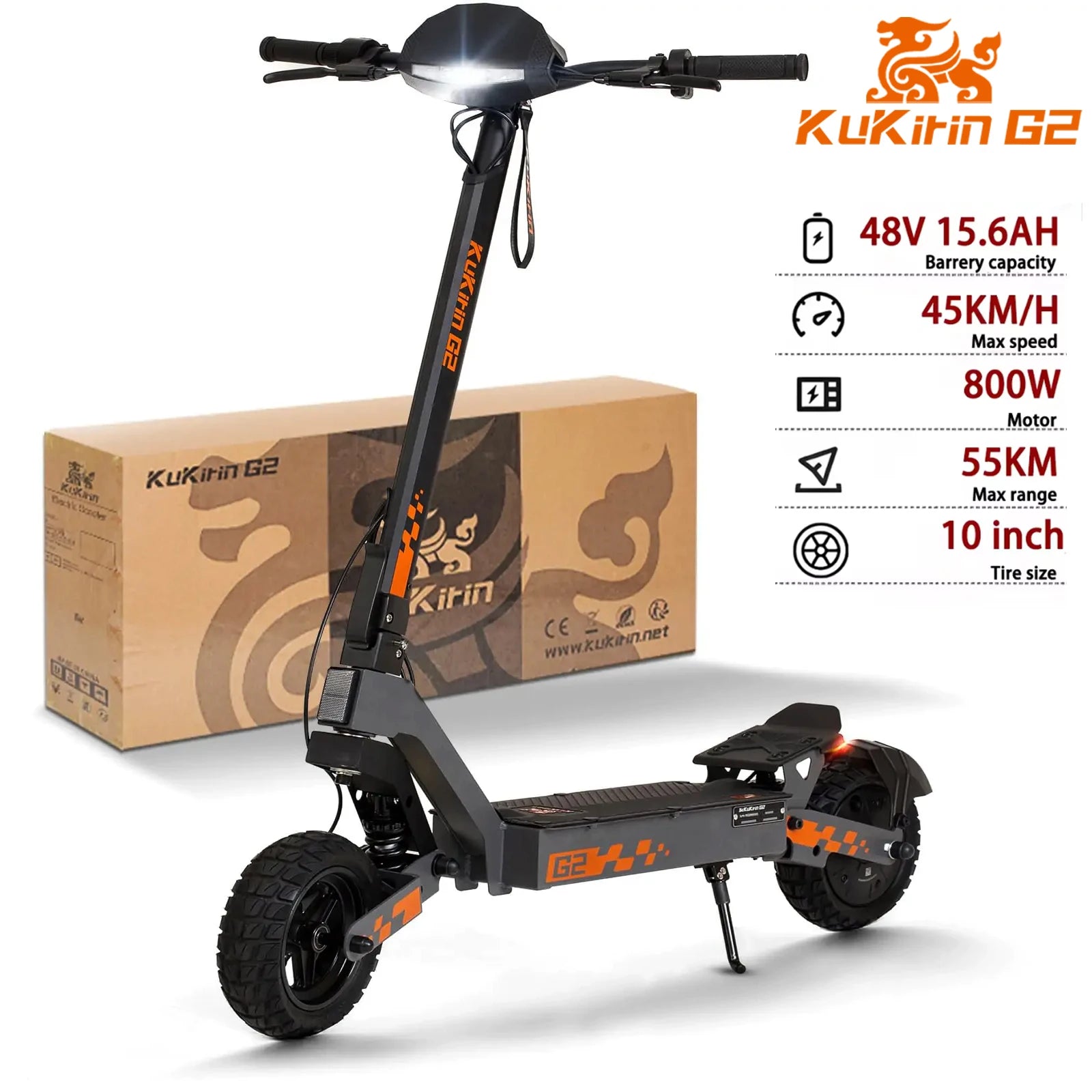 Kukirin G2 Foldable Electric Scooter 800W Brushless Motor 48V 15.6Ah Battery 10-inch Tire 45km/h Max Speed 55km Range.