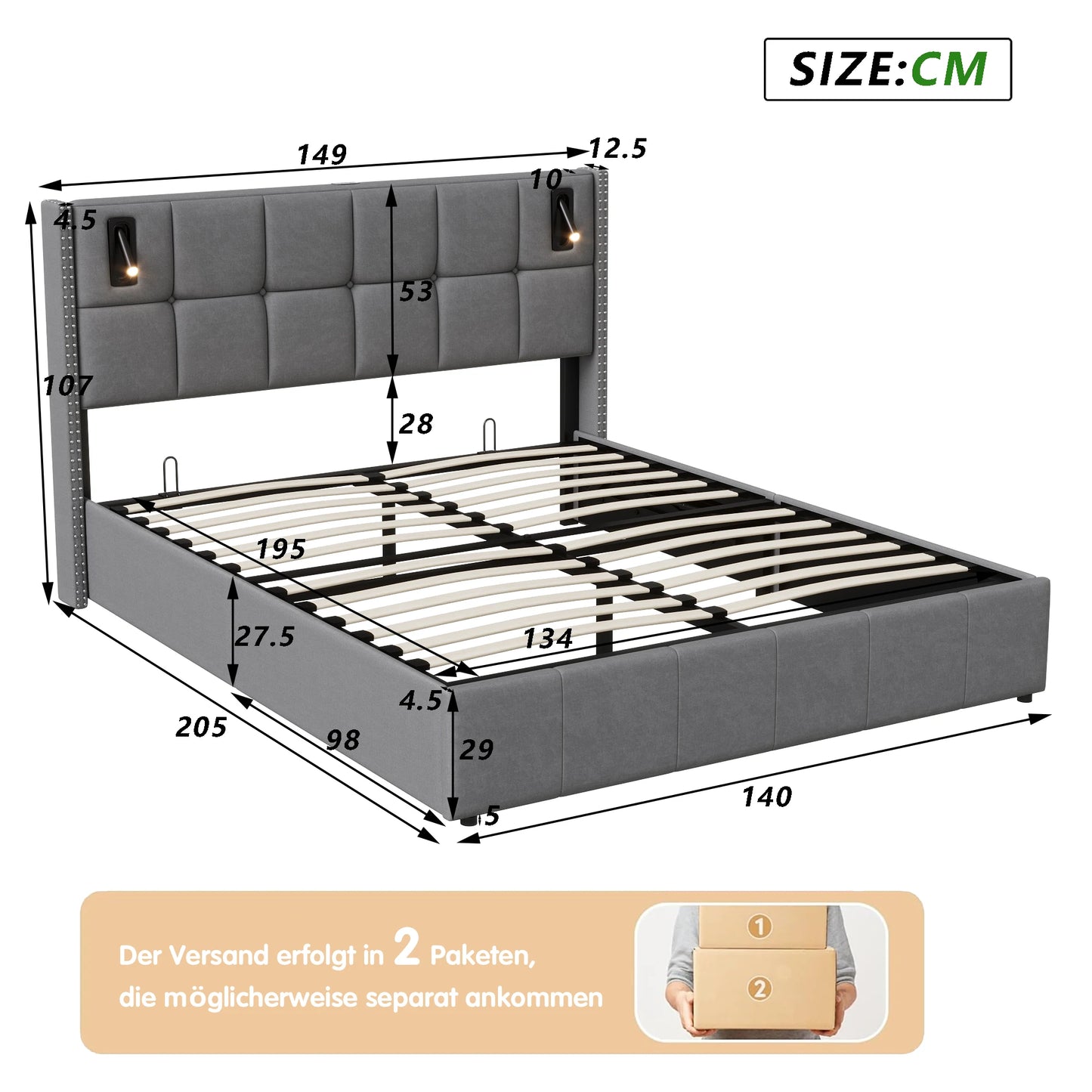 ROSAHQNDA Modernes Polsterbett, hydraulisches Doppelbett mit Leseleuchten, 140/160x200cm, Samtbett mit Stauraum, ohne Matratze